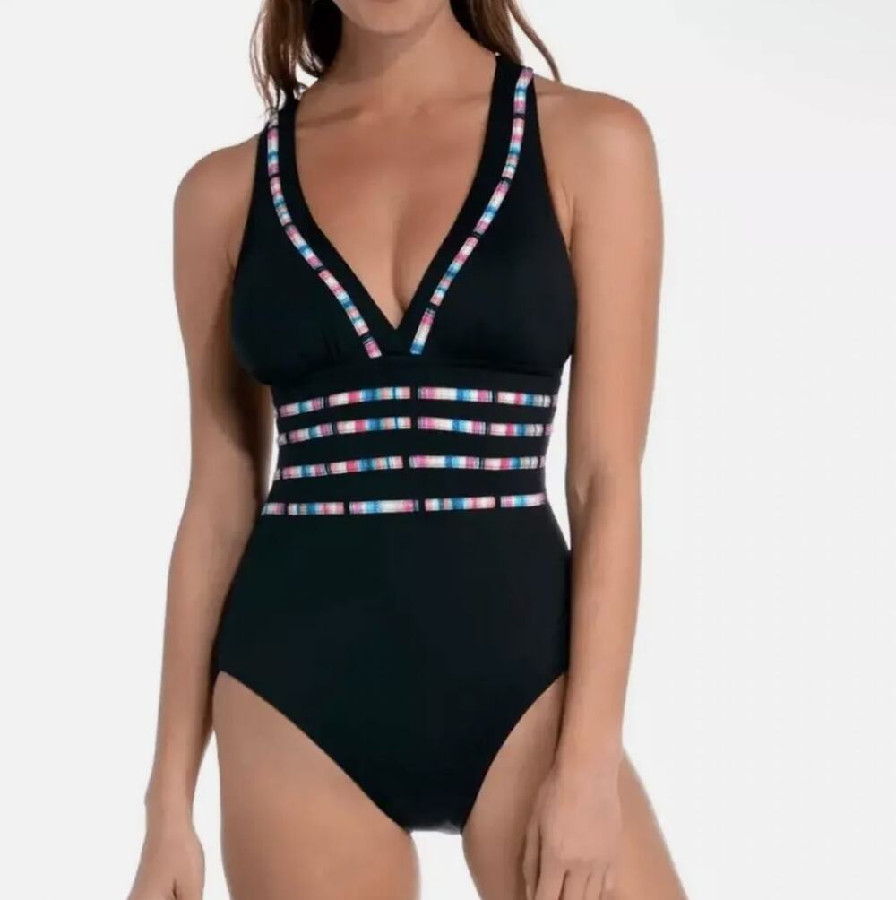 La Blanca Catalina Coast Strappy Black Rainbow One Piece Bathing Swim Suit Sz 6